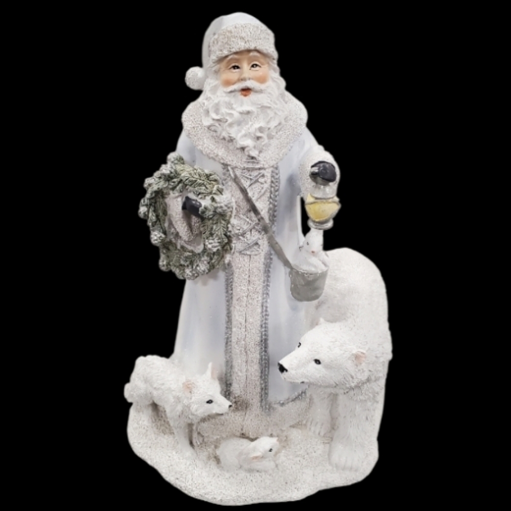 Holiday Santa Figurine with Arctic Animals White & Silver Table Decor, 8x11